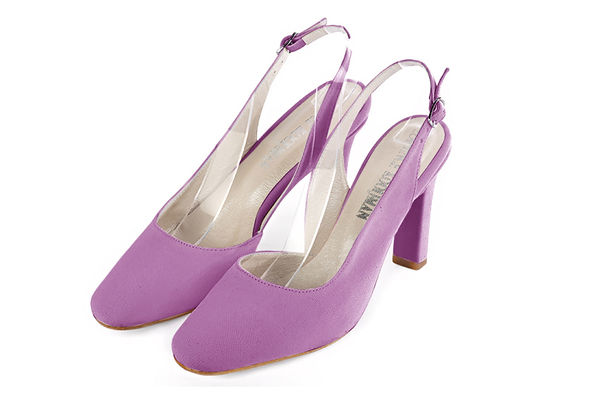 Mauve purple slingback elegant shoes. Round toe. High kitten heels.